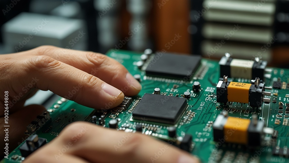 Poster technician checking microprocessor contacts.
