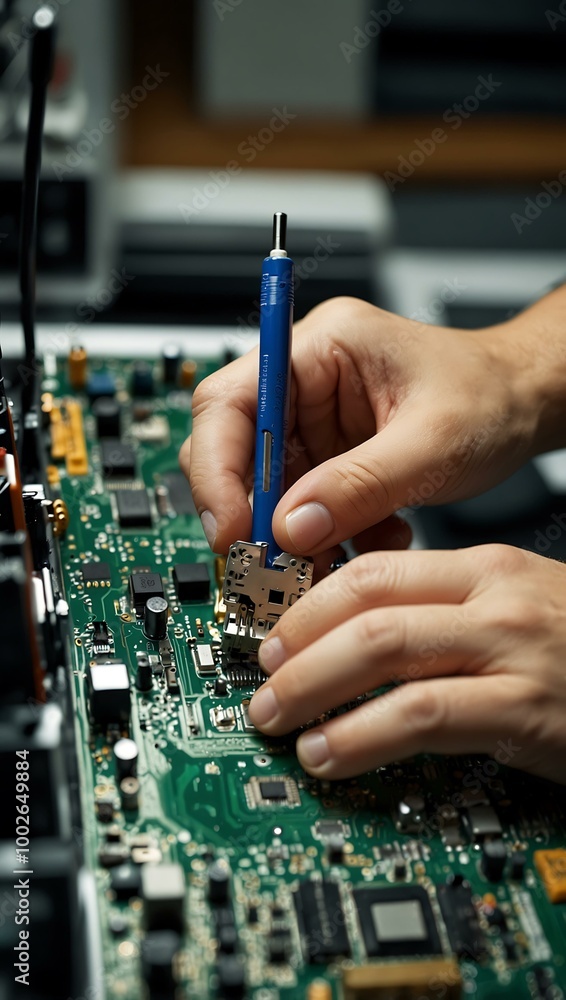 Poster technician disassembling a motherboard for component recovery.