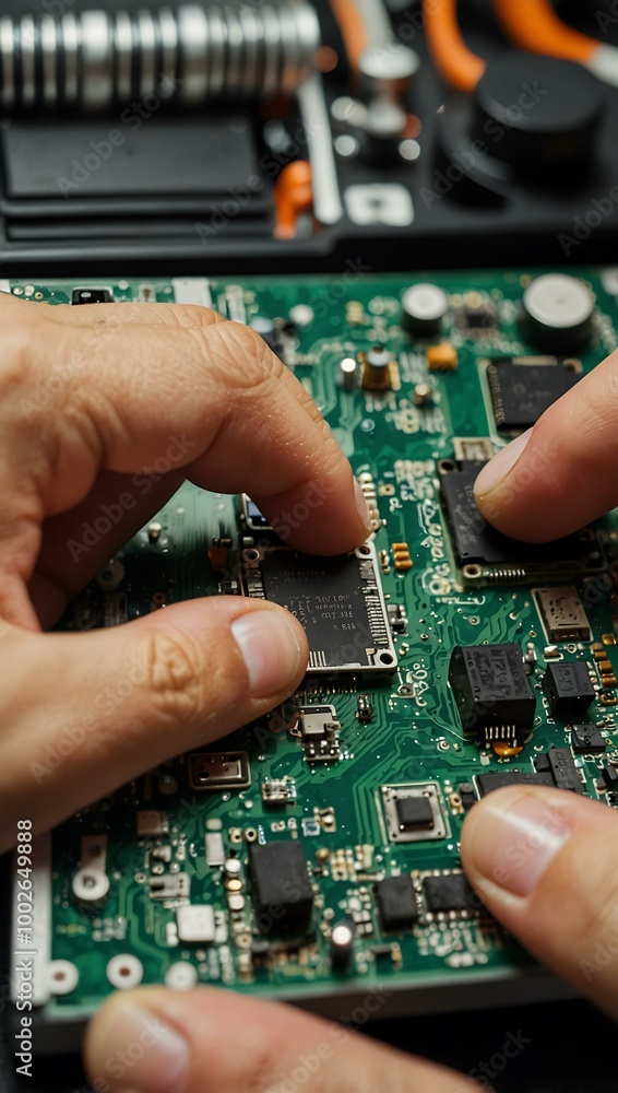 Poster technician disassembling a motherboard for component recovery.