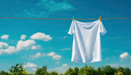 White T-shirt hanging on a clothesline against a clear blue sky.