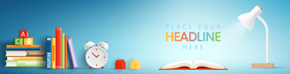 3D Back to school banner with school supplies for student, Creative workspace of a child desk with study supplies, desk lamp, clocks books for kid poster, cover, banner, background, advertising