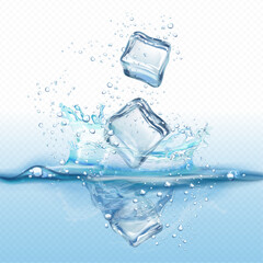 Ice cube dropped water. Iced cubes moving floating in freshness purity liquid with splashing bubbles, cold wet crystal blocks droplet aqua drink realistic exact vector illustration