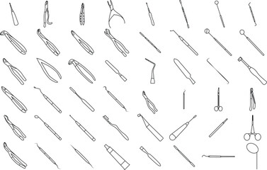 Dental Treatment Instruments Parts icon set for logo and T-Shirt. Thin line art editable stroke.