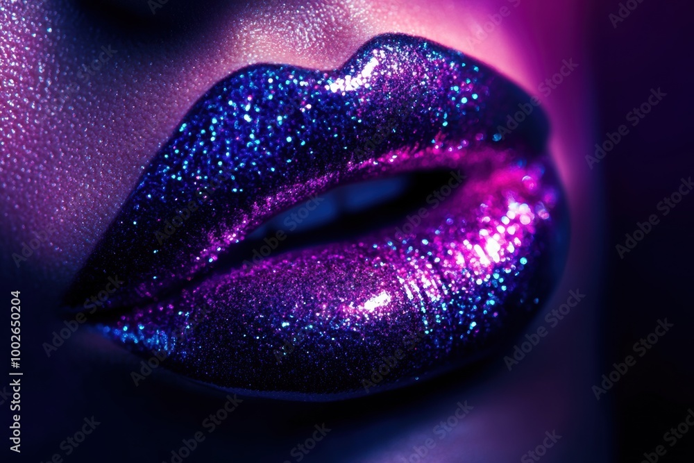 Poster close-up shot of glossy lips with a vibrant, shiny finish reflecting colorful light in an artistic s