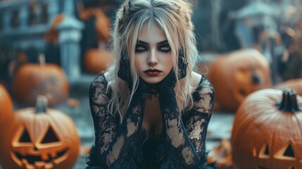 Fototapeta premium Dark Gothic Halloween Aesthetic with Pumpkins and Mysterious Girl