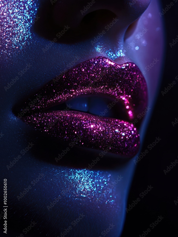 Poster A close-up view of glossy lips with vibrant glitter showcasing a shiny finish in a moody lighting setting. Generative AI