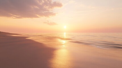 Obraz premium A quiet beach at golden hour, the sky glowing with shades of orange and pink