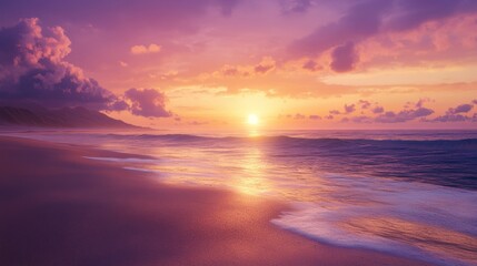 Fototapeta premium A quiet beach at sunset, the sky glowing with orange and pink