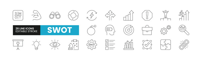 Set of 26 SWOT Analysis line icons set. SWOT Analysis outline icons with editable stroke collection. Includes Vision, Portfolio, Strengths, Weakness, Opportunities, and More.