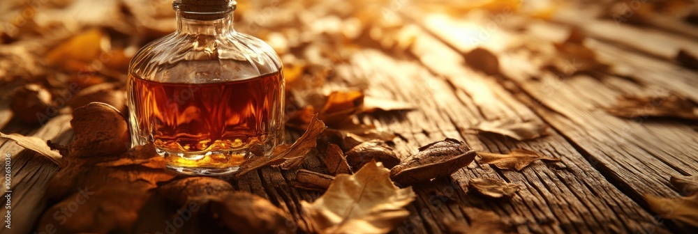 Aufkleber A close-up view of a whiskey bottle resting on rustic wooden boards surrounded by autumn leaves in warm afternoon light. Generative AI