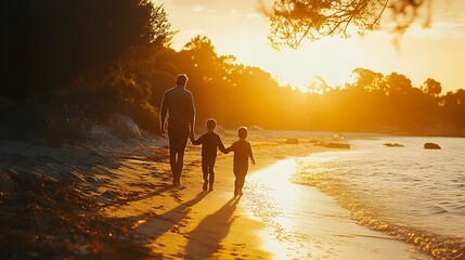 Parents and Children Enjoying Peaceful Beach Sunset Walk