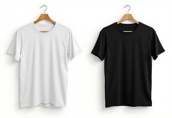 white and black short sleeves t-shirt with cloth hangers isolated on white background © Jittiwan