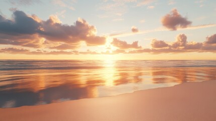 A serene beach at golden hour, vibrant sky reflecting on the water