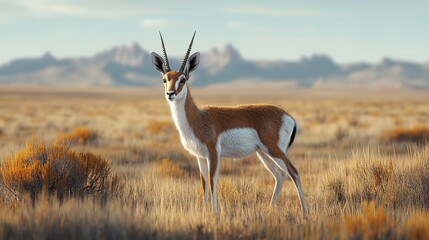 A saiga antelope stands alert on the vast steppes of Central Asia