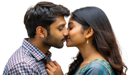 A young Indian Asian couple kissing on their anniversary celebrating their love and commitment transparent background png.