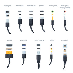 Plug cable connectors. Computer or phone cables and sockets, hdmi port lightning micro usb wire charge adapter network lan fiber pc laptop connector type, neat vector illustration