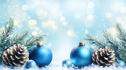 Fototapeta premium Festive Christmas backdrop with blue baubles, pine cones on snowy surface