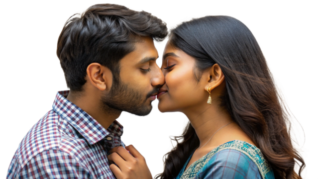 A young Indian Asian couple kissing on their anniversary celebrating their love and commitment transparent background png. - Powered by Adobe