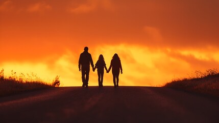Fototapeta premium Silhouetted Family Walking Into the Sunset on Open Road