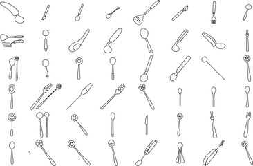 Kitchen utensils Cutlery Fork, knife, chopsticks and spoon icon set for logo and T-Shirt. Thin line art editable stroke.