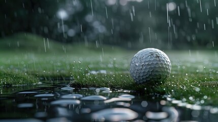 A golf ball lies in the rain on an rainy green