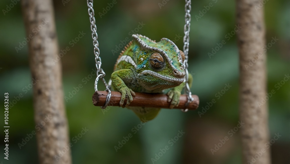 Poster tiny chameleon blending in on a swing.