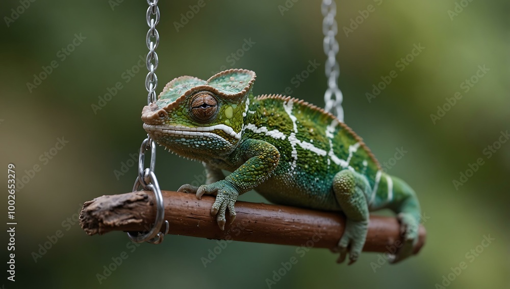 Poster tiny chameleon blending in on a swing.