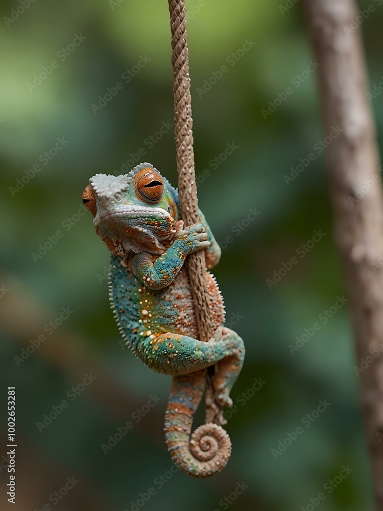 Poster tiny chameleon blending in on a swing.