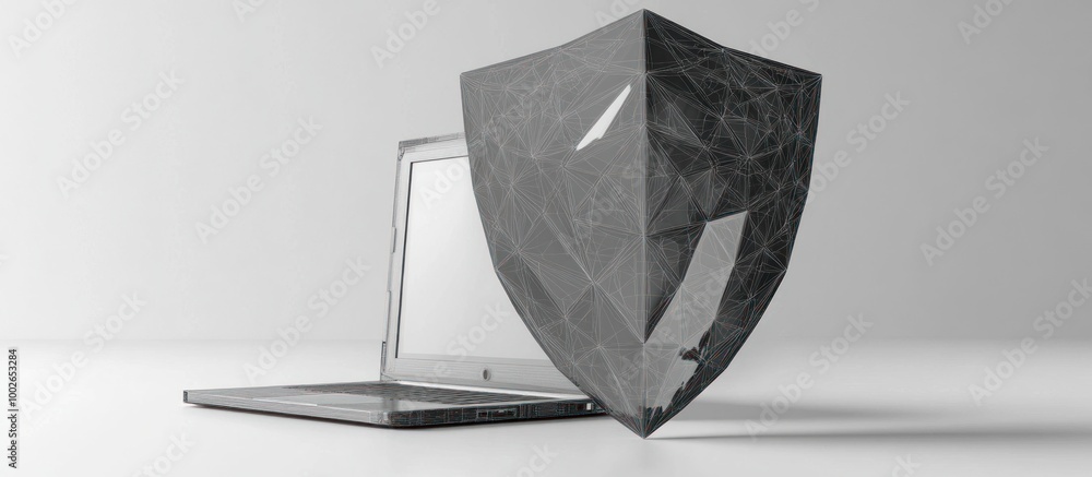 Poster laptop security concept: a wireframe shield protecting data