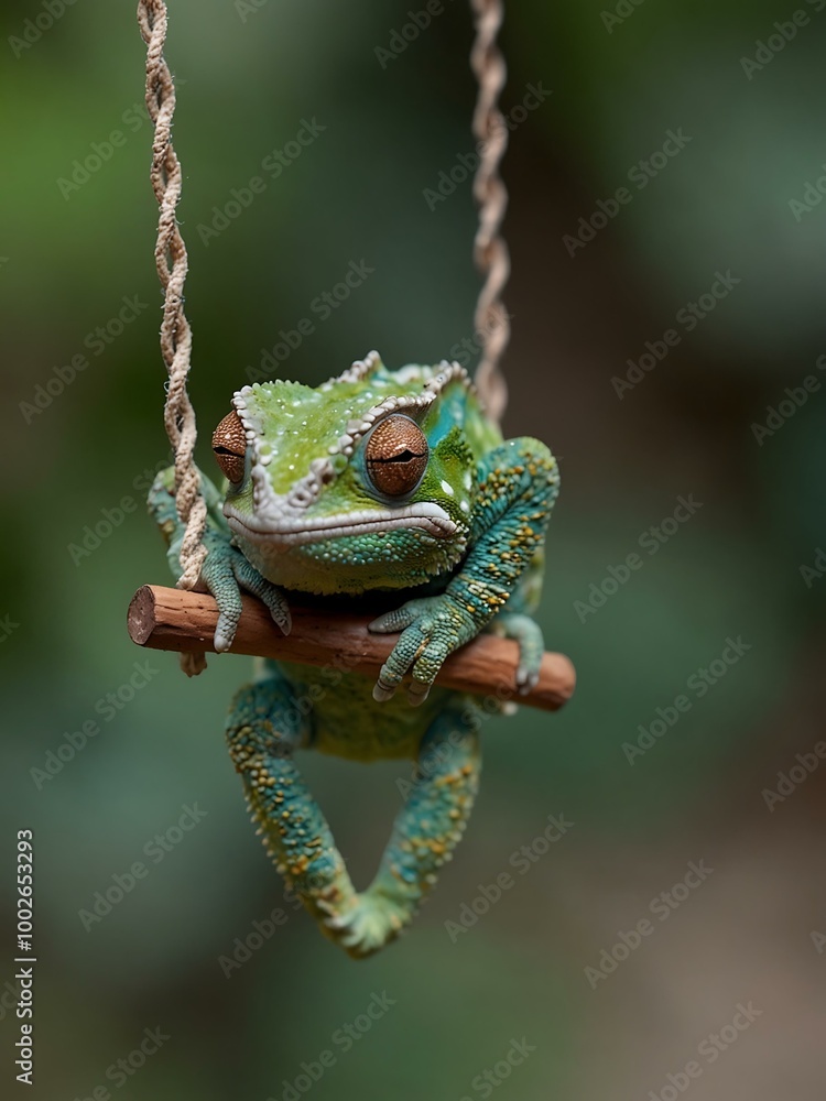 Poster tiny chameleon blending in on a swing.