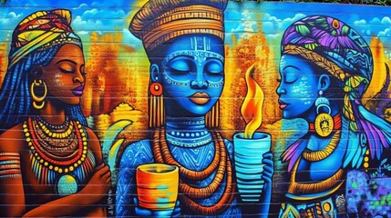 Fototapeta premium Vibrant mural depicting three women of color with elaborate headdresses and jewelry, holding candles.