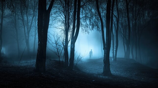 Spooky forest scene at night with eerie fog and ghostly blue lights illuminating the trees. The haunted atmosphere creates a chilling horror background perfect for Halloween or any creepy concept, wit