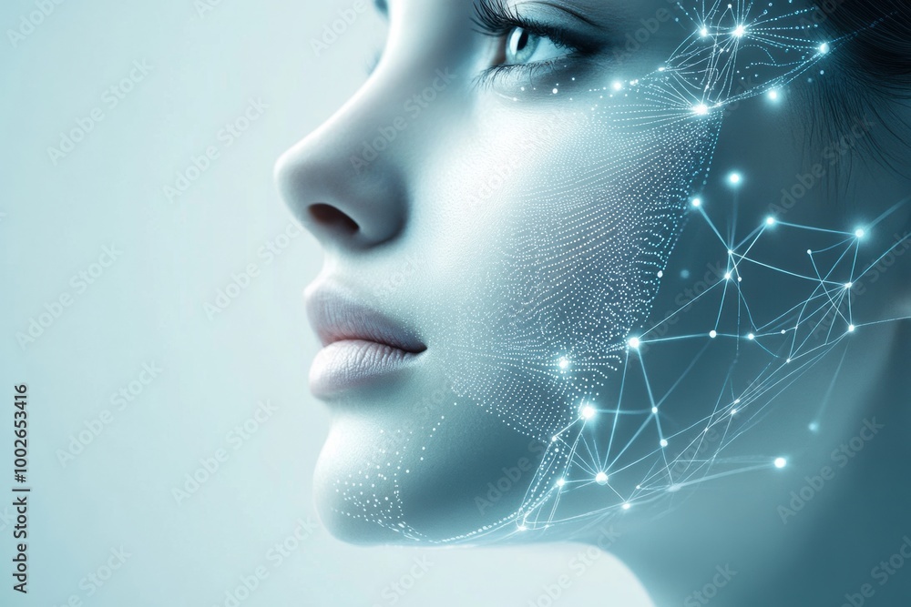 Poster abstract representation of skincare procedure diagrams featuring a digital face design with lines an