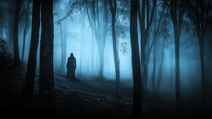 Spooky forest scene at night with eerie fog and ghostly blue lights illuminating the trees. The haunted atmosphere creates a chilling horror background perfect for Halloween or any creepy concept, wit