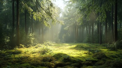 Fototapeta premium A serene morning in a misty forest, sunlight barely visible through the thick canopy