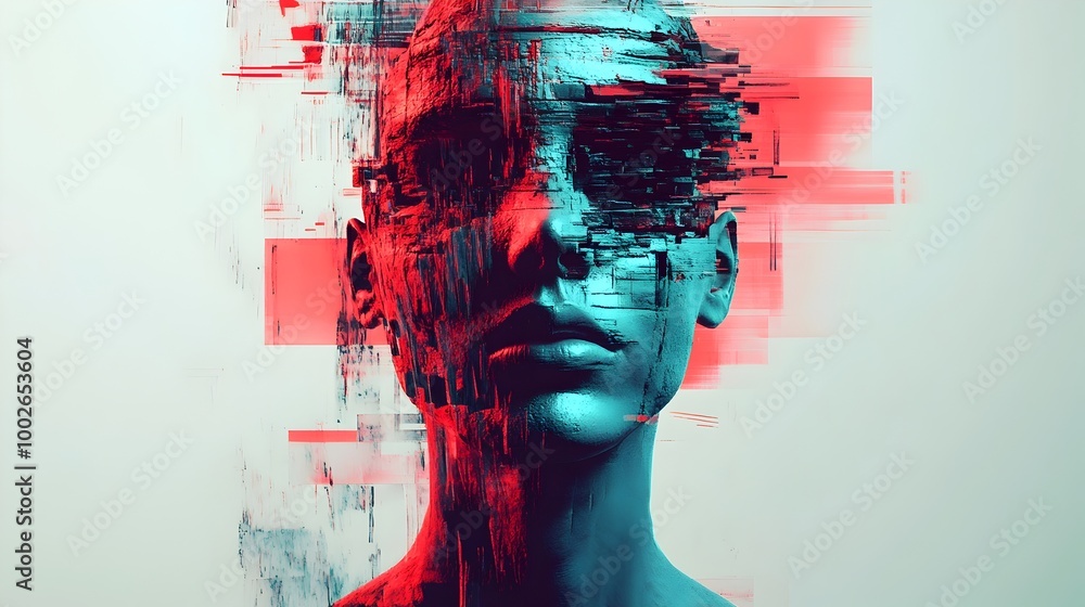 Poster surreal glitch digital art with fragmented distorted face and vibrant colors