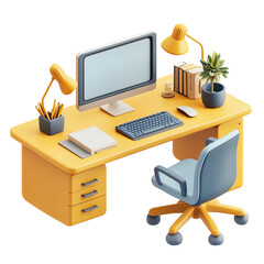 Modern home office setup with a computer, desk, and decorative plants. transparent background