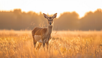 A deer in a field at sunrise, with a clean, uncluttered background