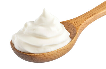 Delightful Greek-style sour cream elegantly presented on a wooden spoon in a cozy kitchen