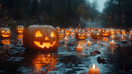 Eerie Glowing Pumpkins Floating in Mysterious Autumn Forest at Night