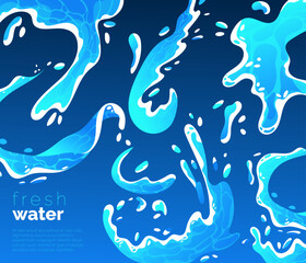 Fresh water background. Splashes and falling drops. Pure drink poster or banner design. Blue backdrop for advertising flyer or packaging. Vector cartoon flat style isolated purity h2o illustration