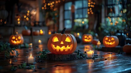 Obraz premium Carved Pumpkin Jack-o'-Lantern at Night with Candles in Autumn Setting
