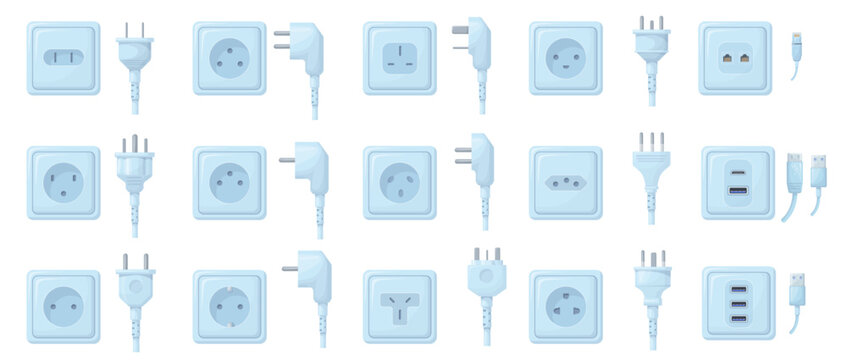 Plug outlet type. Electric sockets and wire plugs, plastic charger power adapter world country socket types uk electrical or internet connector cartoon set neat vector illustration