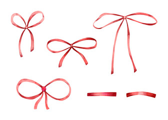 Watercolor ribbon bow collection. Hand drawn illustration with red bow and ribbon elements for invitations design, banners, greeting cards, childrens decor