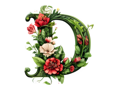  "Elegant Vector Letter D with Vibrant Floral and Leaf Decoration, Detailed Nature-Inspired Design, Transparent Background - Perfect for Branding, Invitations, Monograms, and Artistic Projects"