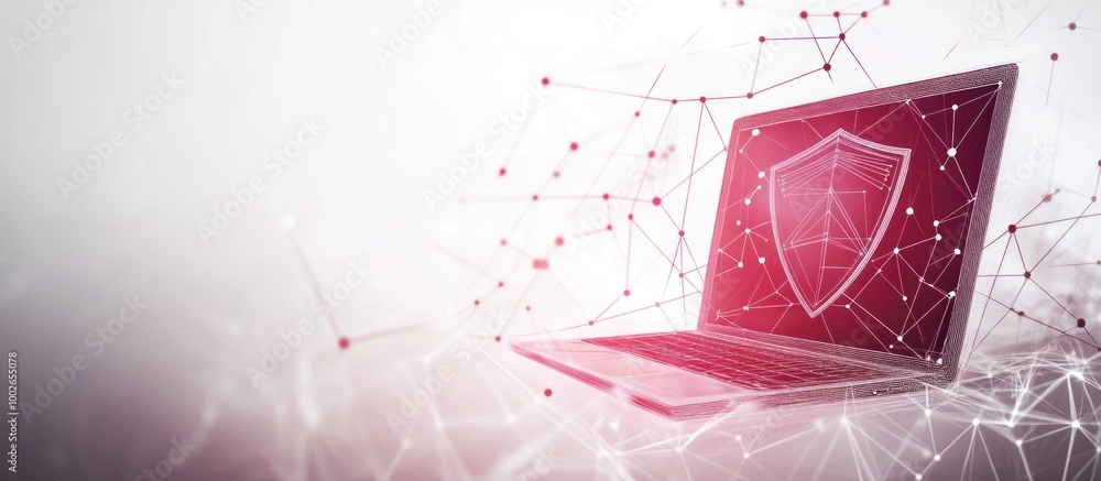 Poster laptop with shield icon and abstract network design