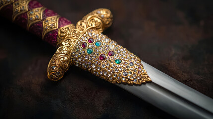 Exquisite dagger with ornate golden hilt, adorned with colorful gemstones and intricate designs, showcasing craftsmanship and elegance. 
