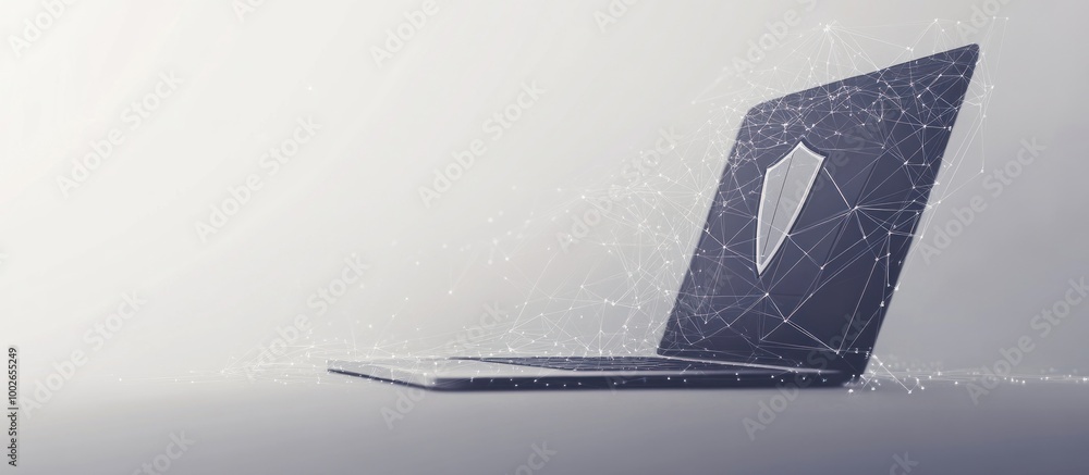Poster laptop with shield icon and connected network visualization