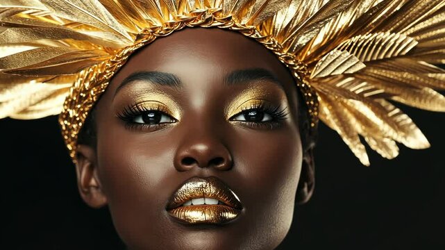 A woman wearing gold eyeshadow and lipstick stares intensely at the camera, adorned with a gold feather headdress