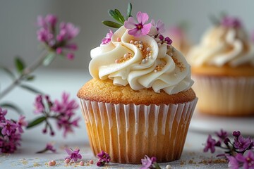 Gluten free muffin, gluten-free cupcake topped with a small, edible flower. Indulgent snack, gluten free homemmade cupcake, buckwheat flour, rice flour bakery, rice flour cupcake, gluten free flour